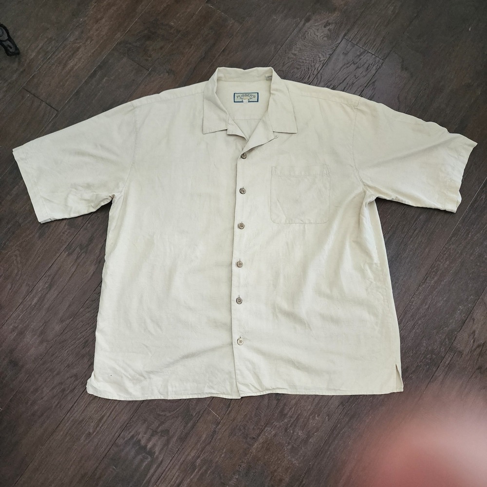 Pussers Island Style Mens XL Silk Cotton Beige Jacquard Button Down Shirt Luxury - Picture 4 of 9